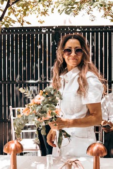 Woman wearing sunglasses and holding a floral bouquet, enjoying a sunny day outdoors.